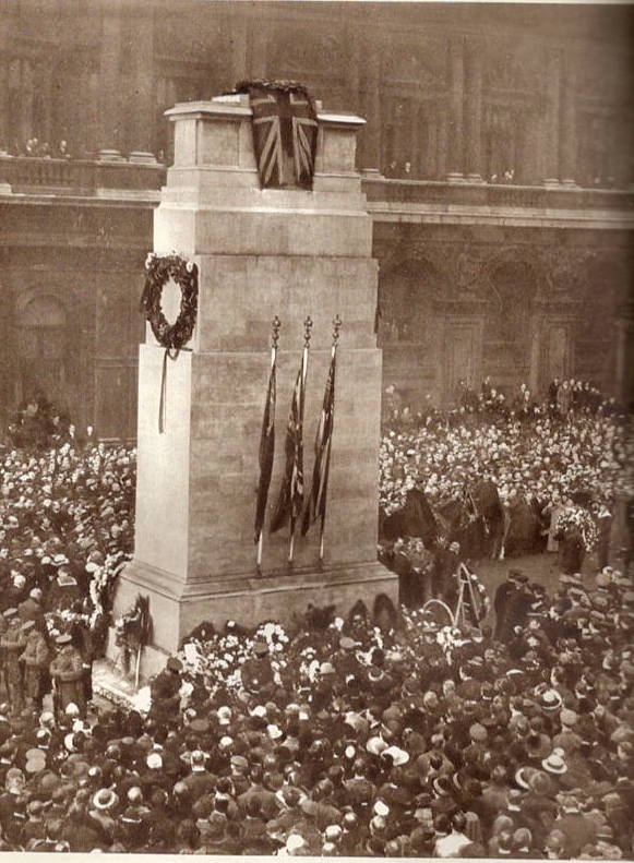 The temporary wood and plaster Cenotaph, at the first Armistice Day in 1919.