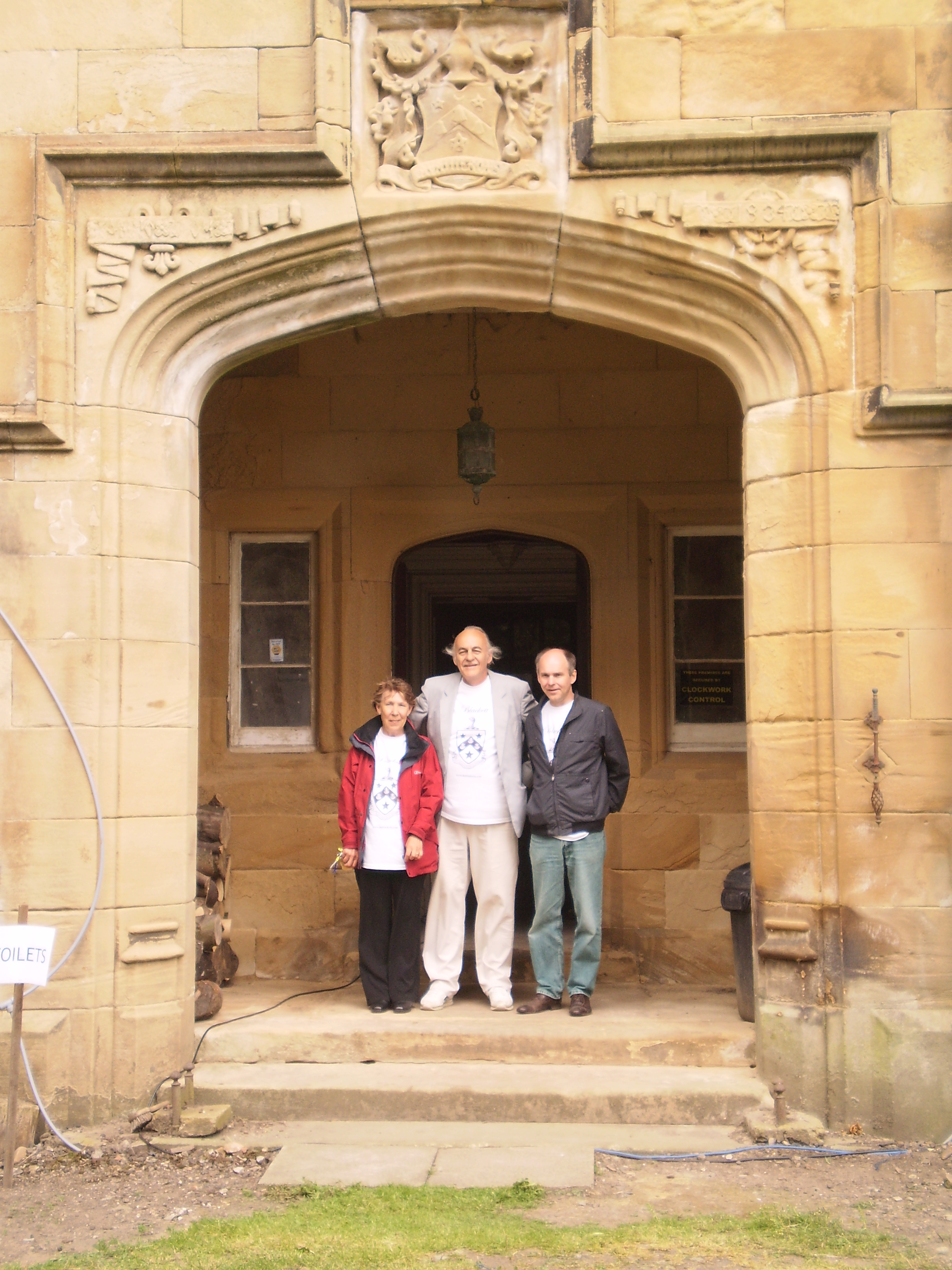 Pat, Al and Martin outside entrance to Sockburn Hall